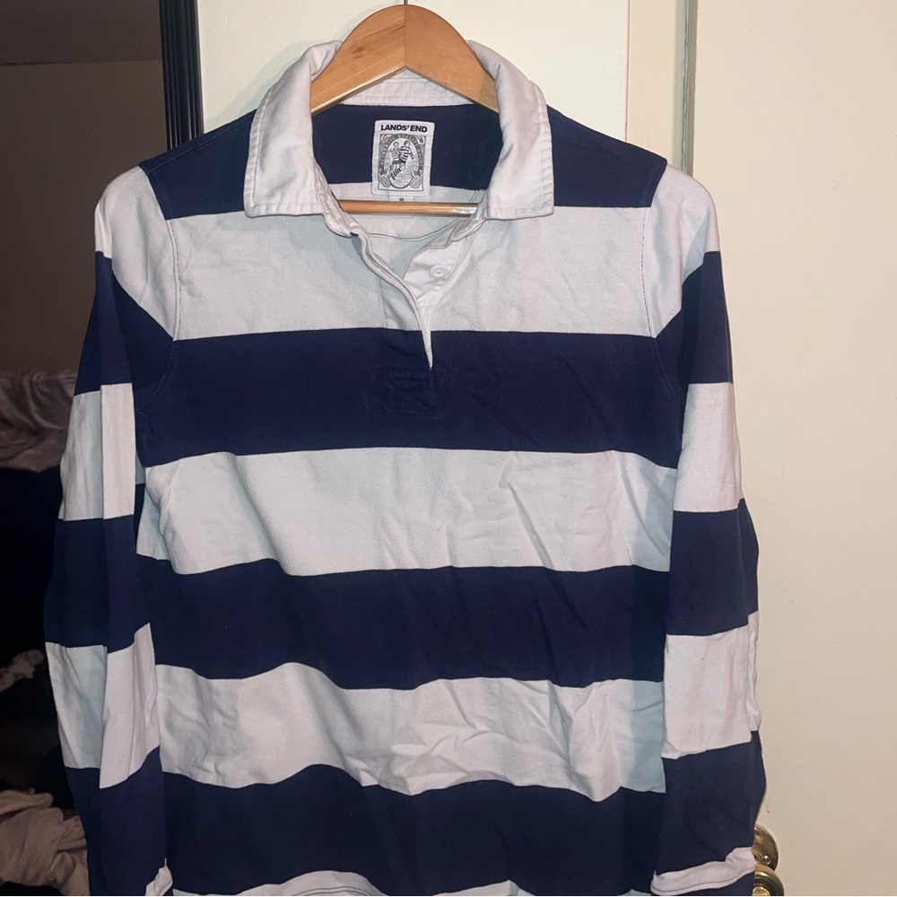 Land’s End Blue and White Striped Rugby Polo Size Medium